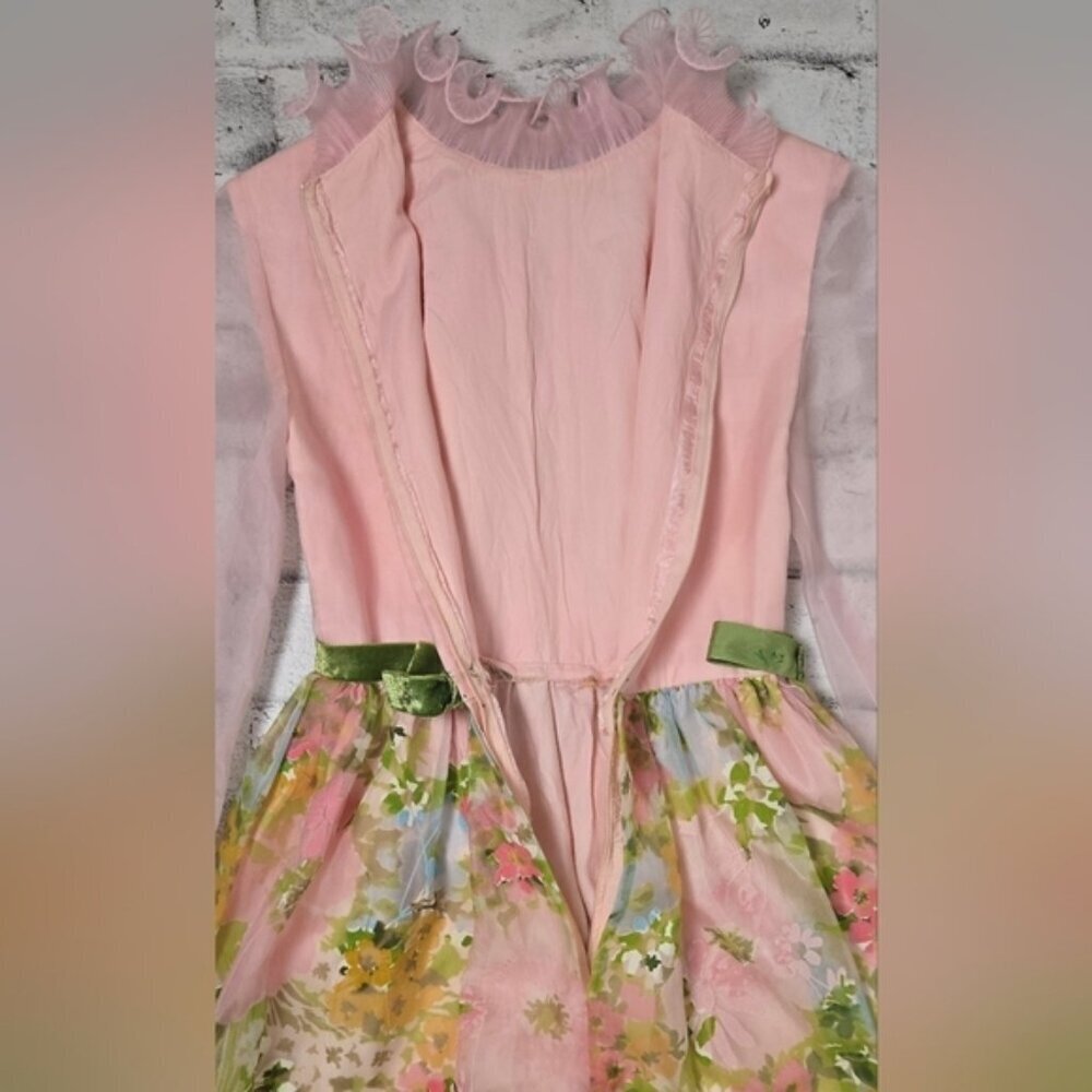 Vintage 60s Sylvia Ann Floral Maxi Dress – Sheer Sleeves & Velvet Trim XS - Picture 13 of 13